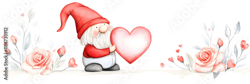 Cute gnome holding heart surrounded by roses and flowers