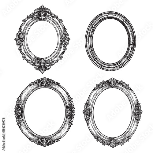 Oval vintage picture frames set. Hand drawn Victorian retro sketch style. Vector illustrations isolated on white.