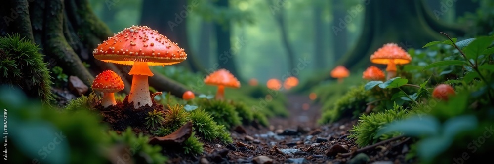 Softly glowing mushrooms lining ancient forest path, forest, guidance Softly glowing mushrooms lining ancient forest path, forest, guidance