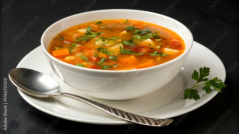 Vegetable Soup in White Bowl on Saucer Vegetable Soup in White Bowl on Saucer