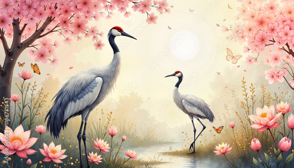 Fototapeta premium Elegant cranes in tranquil garden surrounded by lotus blossoms, serenity