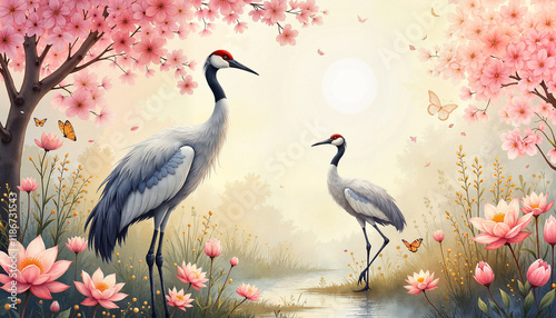 Elegant cranes in tranquil garden surrounded by lotus blossoms, serenity