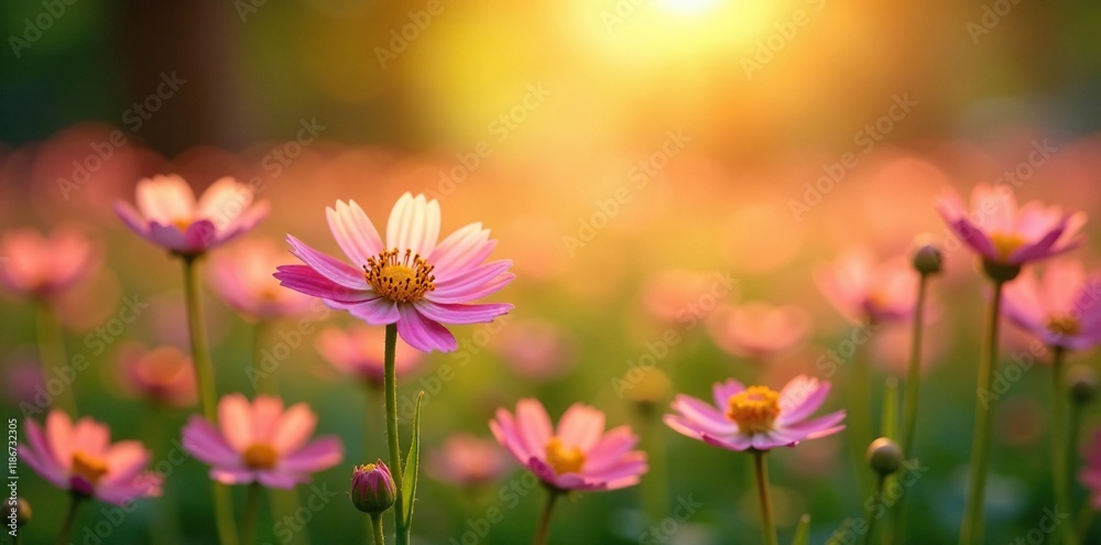 Soft, warm light illuminates a field of flowers, gentle, petals, field Soft, warm light illuminates a field of flowers, gentle, petals, field