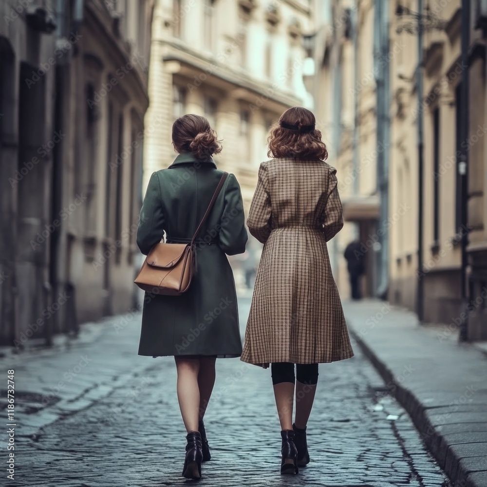 Naklejka premium Two females strolling along a charming stone road, possibly in an old town or village