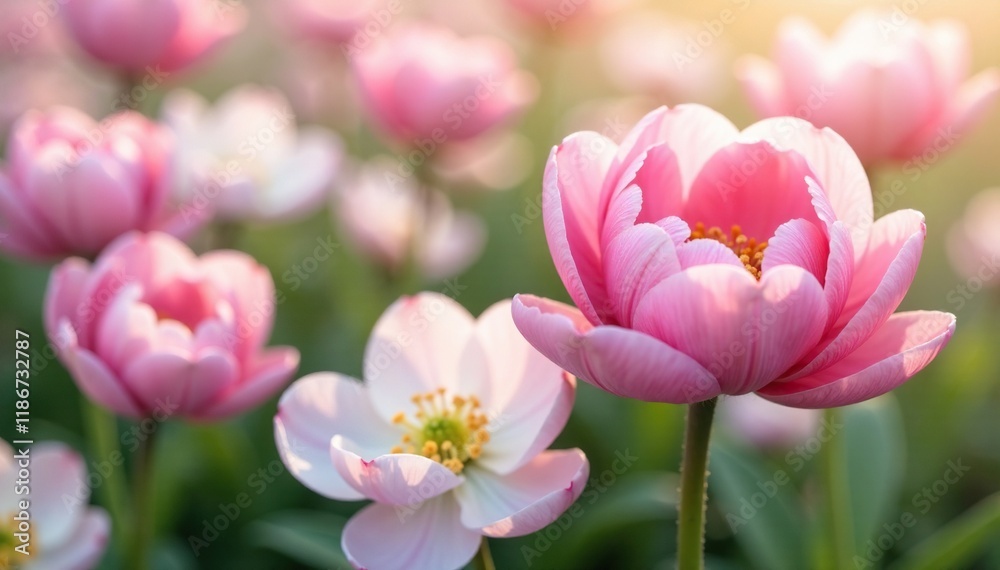 Obraz premium Soft pink petals unfolding in a sea of white ranunculus flowers, blossoming, bloom