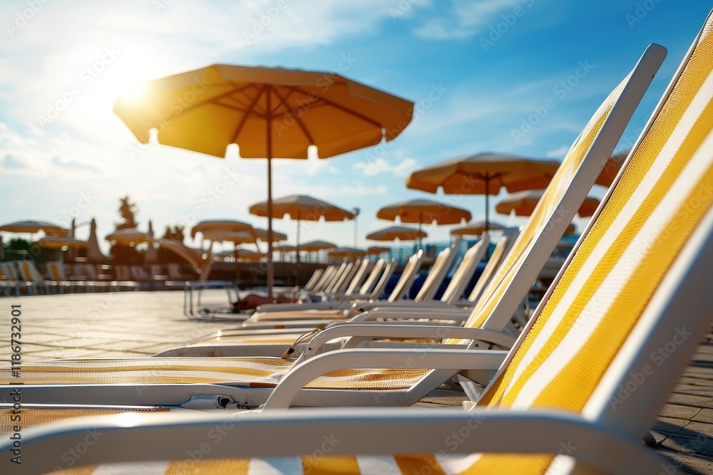 Sunny Resort Poolside Relaxation Yellow Striped Loungers and Umbrellas