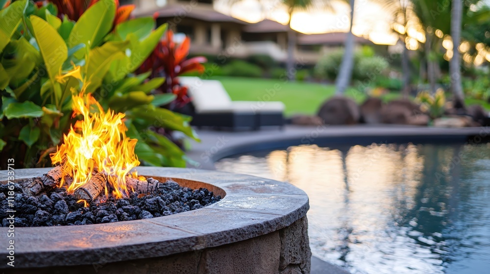 Warm Fire Pit Glow near Poolside Tropical Paradise Warm Fire Pit Glow near Poolside Tropical Paradise