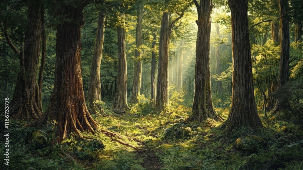 Fototapeta premium Upright tree trunks in a majestic primeval forest showcase the beauty of nature, highlighting the grandeur and resilience of upright tree trunks that have stood the test of time.