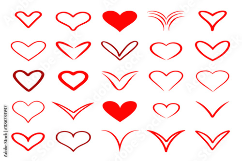 Red Heart Shapes Vector - Minimalist Hand-Drawn Design, Valentine's Day Icons, Love Symbols, Sketchy Outlines, Geometric Hearts, Romantic Motifs, Red on White Background Graphics,