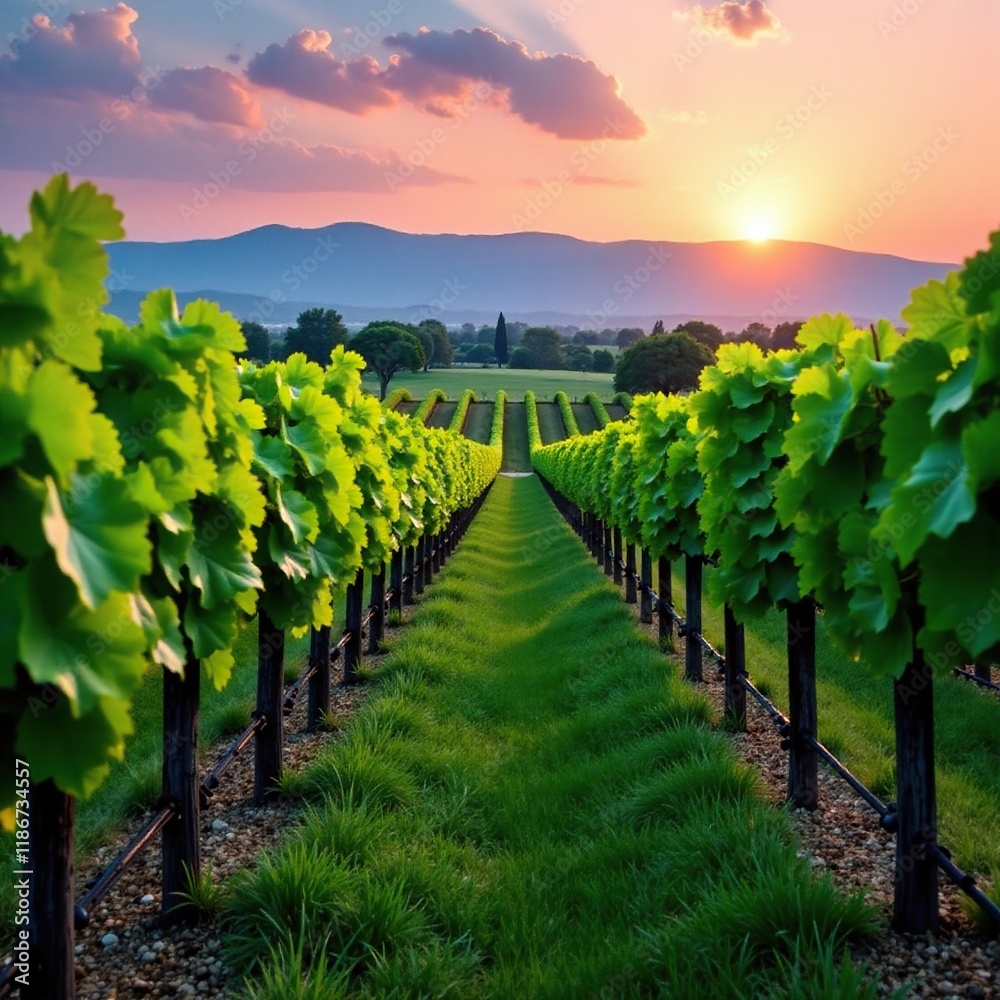 Fototapeta premium Grapevine rows in Alazani Valley vineyard at dusk, green, sunset, vineyard
