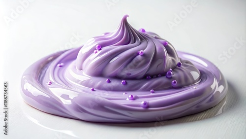 A gelatinous blob of lavender slime slowly oozes onto a pristine white surface, forming an intriguing pattern, artistic accident, dripping, slime photo