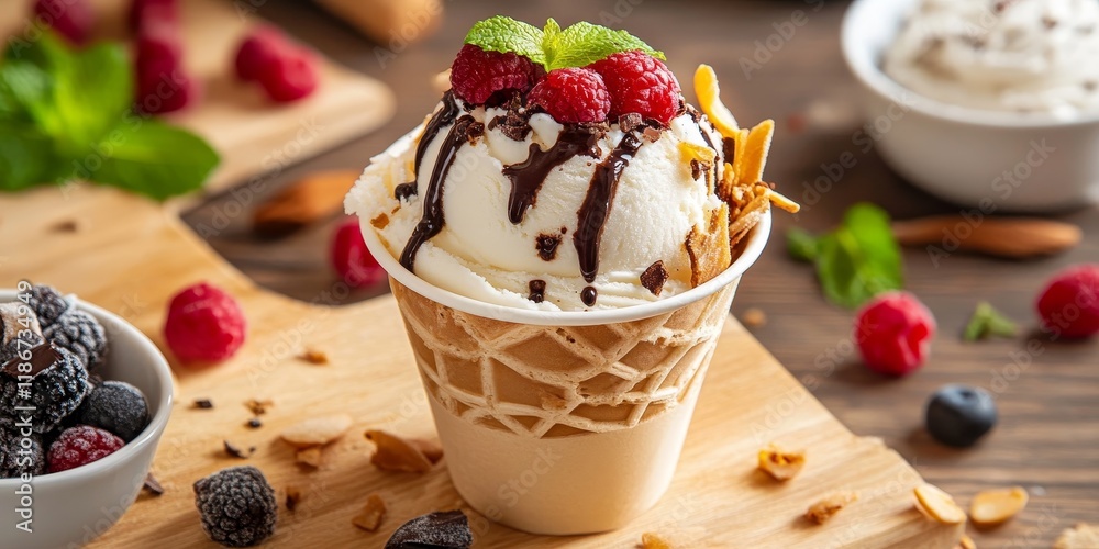 Handmade ice cream roll served in a cup, showcasing the unique cooking process on a freezer table, creating delicious and visually appealing ice cream rolls, perfect for dessert lovers.