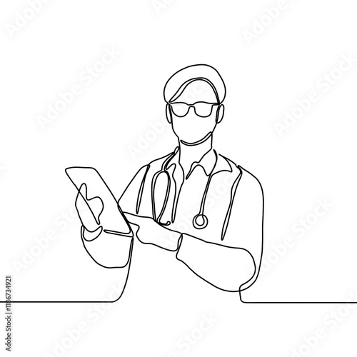 Continuous line drawing of a doctor with stethoscope. One line art of health care concept.