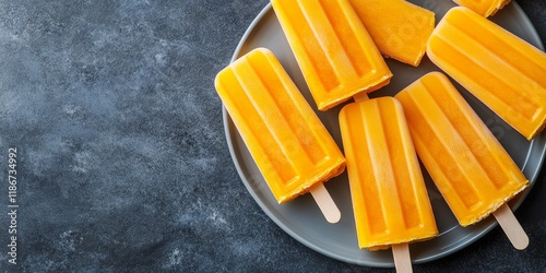 Orange popsicles arranged on a plate against a gray background. This top view showcases orange popsicles with plenty of copy space, perfect for highlighting the vibrant orange popsicles. photo