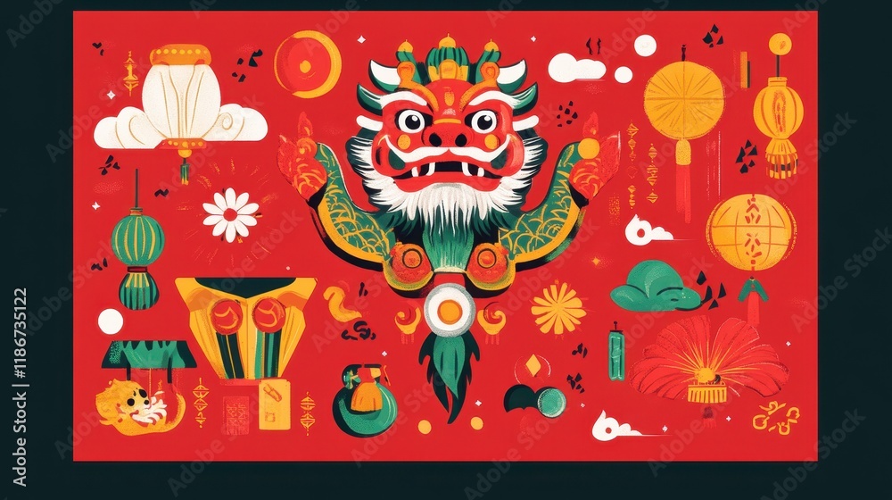 A vibrant collection of Chinese New Year symbols and lanterns A vibrant collection of Chinese New Year symbols and lanterns
