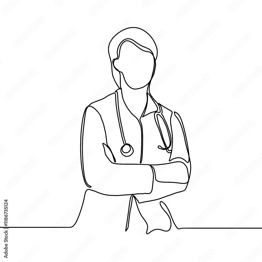 Continuous line drawing of a doctor with stethoscope. One line art of health care concept. Continuous line drawing of a doctor with stethoscope. One line art of health care concept.