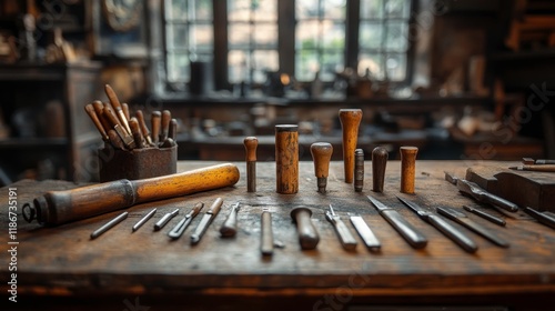 Vintage Workshop Tools Displayed on Wooden Table with Natural Light Streaming Through Windows in Artisan Crafting Space photo