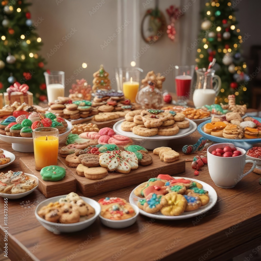 A festive holiday cookie exchange table with colorful treats and decorations, festive arrangements, dessert buffet A festive holiday cookie exchange table with colorful treats and decorations, festive arrangements, dessert buffet