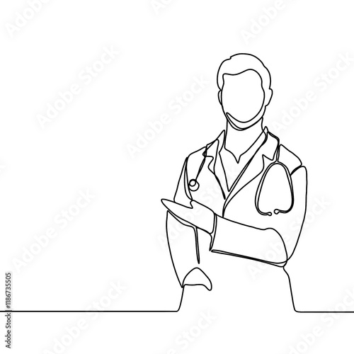 Continuous line drawing of a doctor with stethoscope. One line art of health care concept.