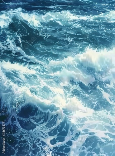 Pure blue turquoise water texture of the ocean sea with foam and waves