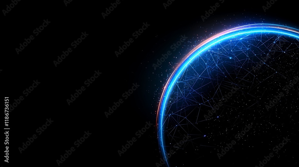 A Futuristic Glowing Globe Enveloped in Mesh, Showcasing a Digital Network and Cosmic Elements Against a Dark Background for Innovative Concepts A Futuristic Glowing Globe Enveloped in Mesh, Showcasing a Digital Network and Cosmic Elements Against a Dark Background for Innovative Concepts