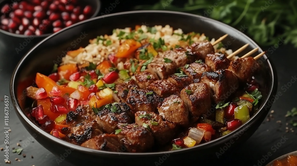 Grilled meat skewers with rice, vegetables, and pomegranate seeds in a bowl. Grilled meat skewers with rice, vegetables, and pomegranate seeds in a bowl.