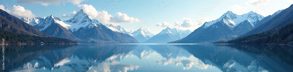 Snow capped mountains reflect on a serene lake's surface, mountains, landscape Snow capped mountains reflect on a serene lake's surface, mountains, landscape