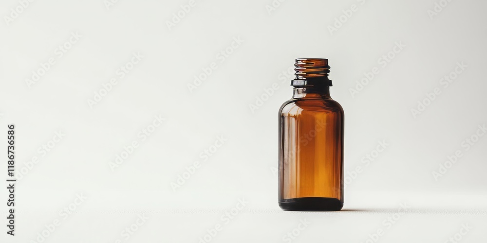 Close up view of an organic essential oil bottle against a white backdrop, with ample negative space around it for a clean presentation of the product. Close up view of an organic essential oil bottle against a white backdrop, with ample negative space around it for a clean presentation of the product.