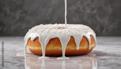 A deliciously glazed donut with drips of creamy white icing hanging from its surface, sugary, food, pastry