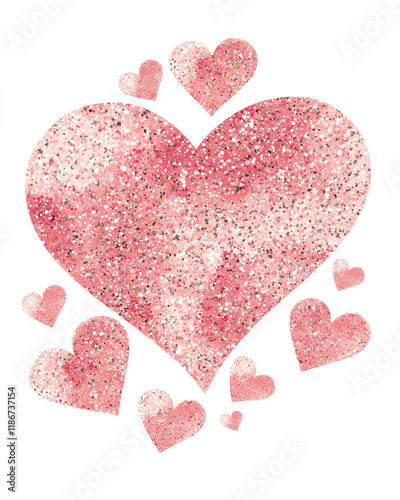 Pink glitter hearts illustration on white background