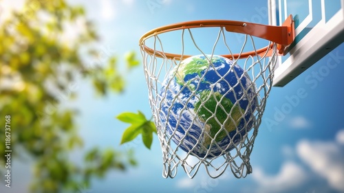Fototapeta Naklejka Na Ścianę i Meble -  Sustainable Sports Equipment. A basketball hoop with the Earth inside, symbolizing sustainability and sports.