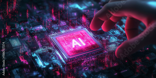 AI Integration: Finger Touching a Luminescent AI Chip on a Complex Circuit Board photo