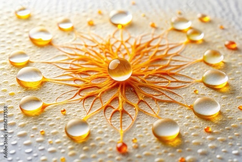 A delicate saffron-hued substance slowly trickles down a pristine white surface, forming an intricate and captivating pattern of droplets, goo, isolated, texture photo