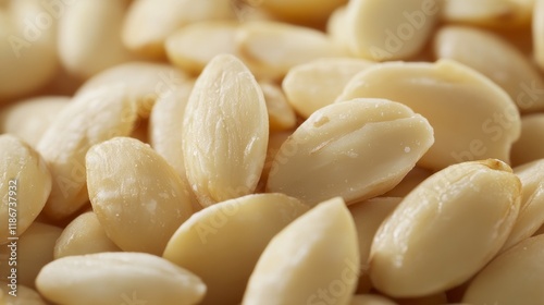 Close up view showcasing a pile of blanched almonds, highlighting the natural texture and color of the blanched almonds, perfect for culinary and health related visuals featuring blanched almonds. photo