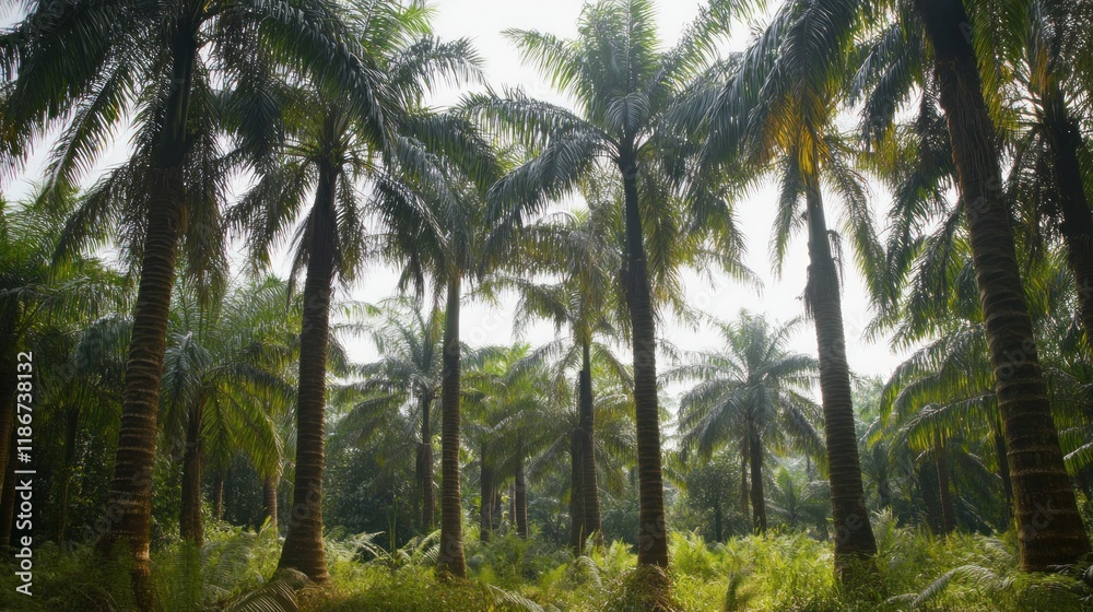 Obraz premium Dense Palm Tree Plantation in the Morning Mist