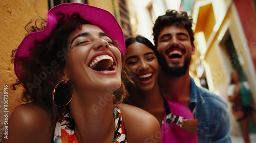 Group of diverse young people laughing together, showcasing unity, friendship, and the joy of shared moments in a multicultural setting.