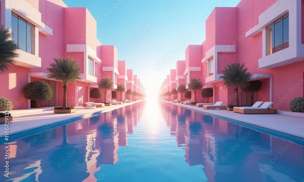 Fototapeta premium A conceptual urban scene with a blend of modern architecture, vibrant pastel gradients, and a mirrored symmetry that creates a surreal, endless perspective illuminated by a bright central glow.