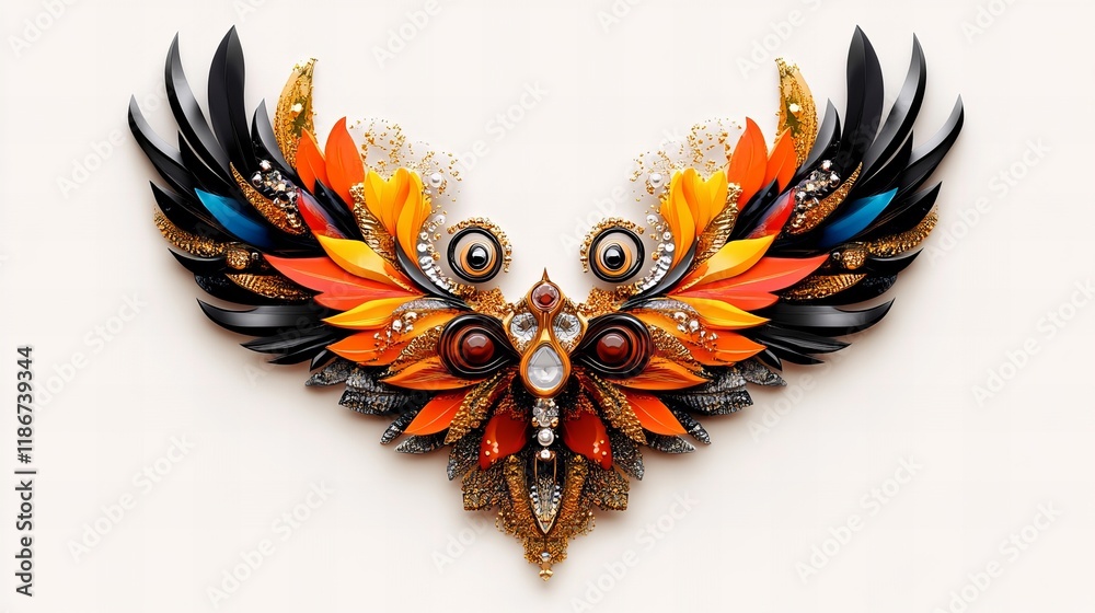 Fototapeta premium Intricate artwork resembling a winged creature, crafted with vibrant orange, black, and gold elements.