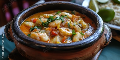 Savory moqueca capixaba served in a traditional clay pot, highlighting the delightful flavors of this delicious dish, perfect for those who appreciate authentic moqueca capixaba. photo