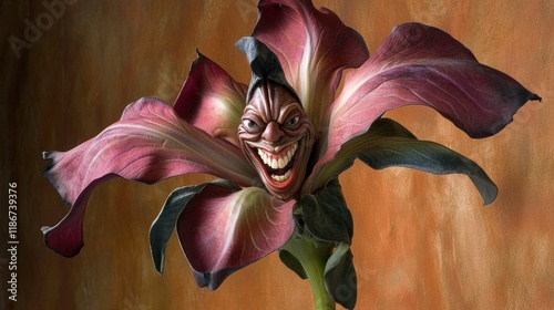 Grotesque flower with a sinister face.  A vibrant, detailed close-up of a stylized flower with an unsettlingly human face carved into its center, displaying a wide, sinister smile.  The flower's petal photo