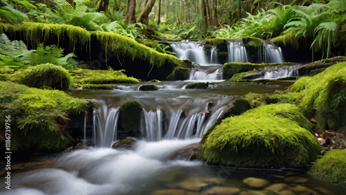a hillside where a small stream cascades over a series of natural terraces, ai