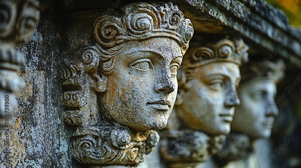 Weathered Stone Carvings Of Ancient Faces Adorn A Wall Weathered Stone Carvings Of Ancient Faces Adorn A Wall