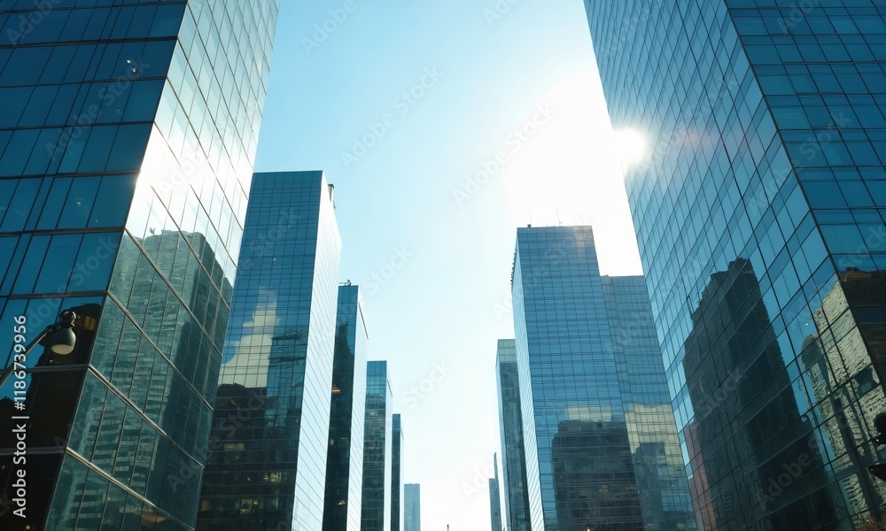 A mirrored city at midday, with sunlight gleaming off the glass and metal skyscrapers in tones of teal, white, and silver, creating sharp reflections and vibrant gradients under a clear blue sky. A mirrored city at midday, with sunlight gleaming off the glass and metal skyscrapers in tones of teal, white, and silver, creating sharp reflections and vibrant gradients under a clear blue sky.