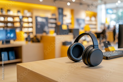 Headphones on Display: A pair of sleek, black headphones rests on a wooden display counter in a modern electronics store, the bustling background blurring into an abstract setting.   photo