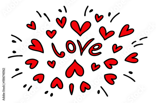 Celebrate Valentine's Day with a hand-drawn illustration featuring love typography, red hearts explosion, black ink sketch style, white background, radial composition, and dynamic doodle art.