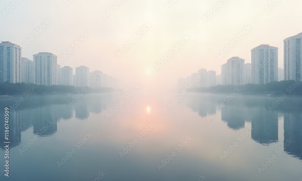 Fototapeta premium An infinite mirrored cityscape in the early morning fog, with muted pastel buildings barely visible, reflecting into a hazy void under a pale, glowing sky.