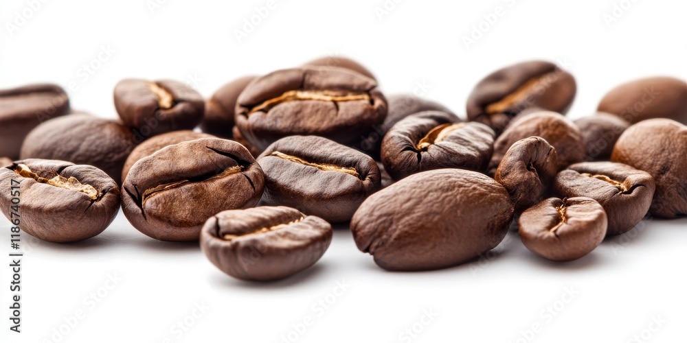 Naklejka premium Roasted coffee beans displayed against a white background create an appealing visual. The macro focus on roasted coffee beans emphasizes their rich texture and color, inviting coffee lovers.