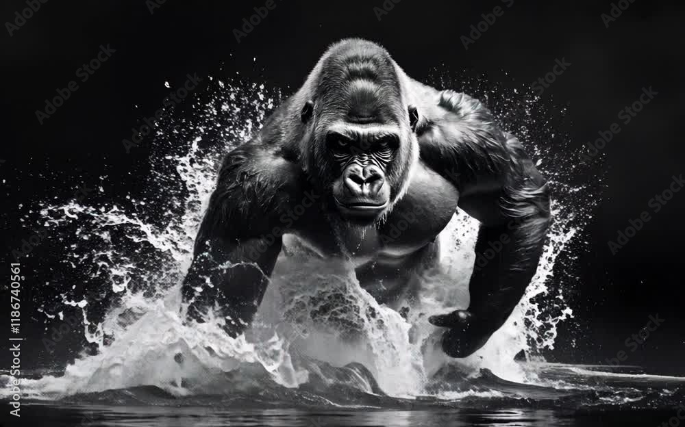 an angry gorilla charging through water, its muscular form highlighted by high-contrast lighting. The dark background