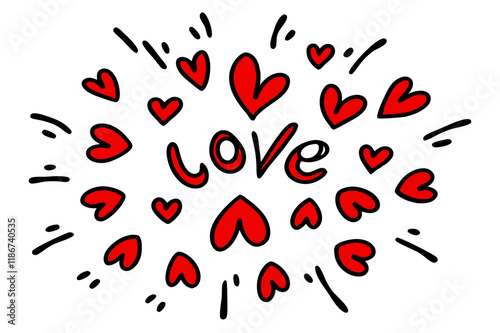 Celebrate Valentine's Day with a hand-drawn illustration featuring love typography, red hearts explosion, black ink sketch style, white background, radial composition, and dynamic doodle art.