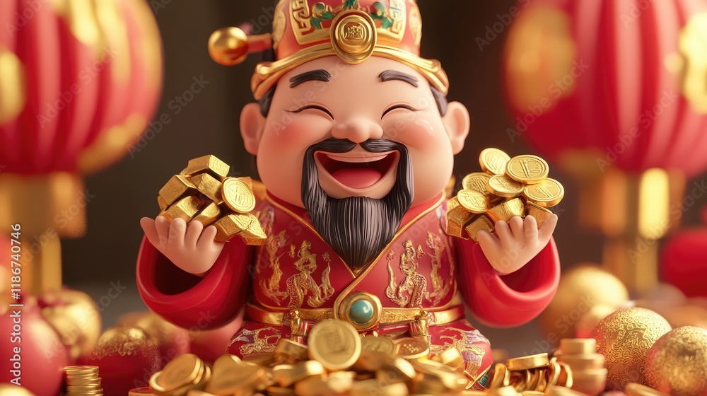 Naklejka premium 3D illustration of the Chinese God of Wealth, smiling broadly as he holds gold ingots and coins, radiating luck and fortune for the New Year.